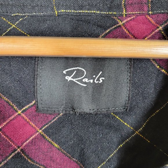 Rails Redding Plaid Top Black Wine Gold Medium Rayon Linen Half Button - Picture 4 of 7